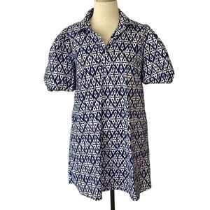 Chico’s Blue White Ikat Dress Stretch Bubble Sleeves Women’s 2/US 12 Large